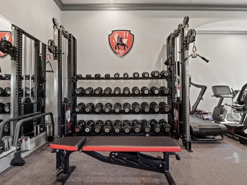 Home gym dumbbell rack and cable machines with treadmills along the wall